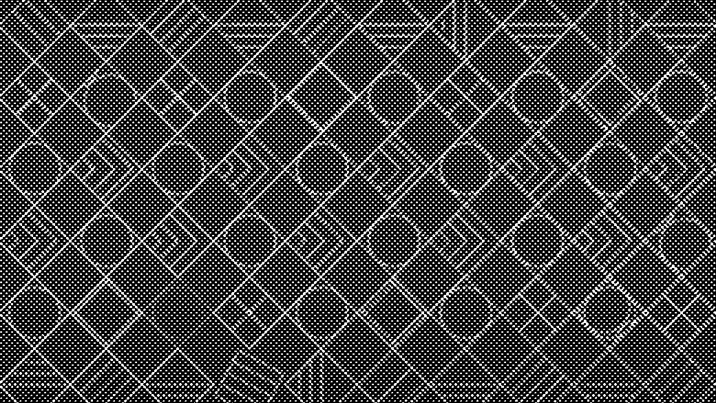 Geometric pattern of gold lines on a dark blue background with circles, squares, and diamonds.