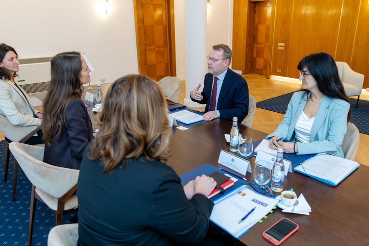 Group of five people in a formal meeting around a wooden table, discussing, with notebooks and water bottles present.