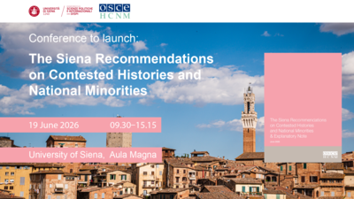 Siena town square with a prominent tower under a blue sky, event details overlaid in pink boxes.
