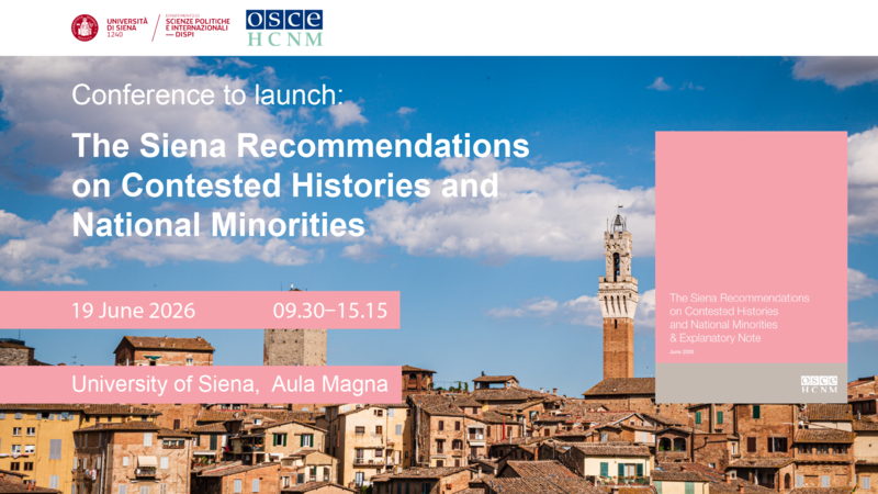 Siena town square with a prominent tower under a blue sky, event details overlaid in pink boxes.