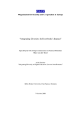 Address by Max van der Stoel to the seminar "Integrating Diversity in Higher Education: Lessons from Romania"