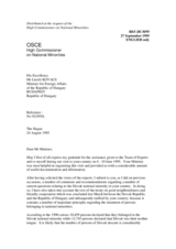 Correspondence between HCNM and Hungary regarding the Slovak minority
